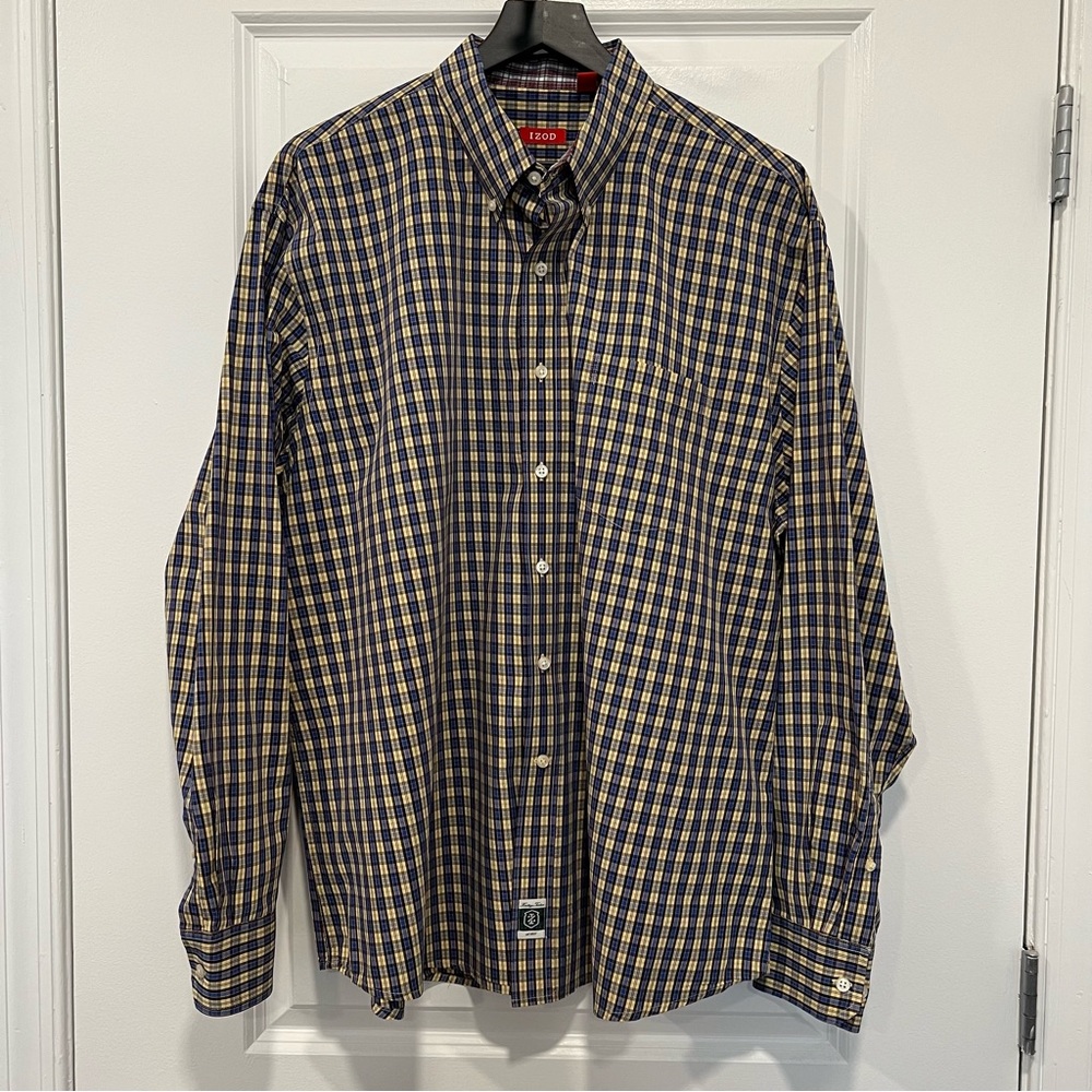 Izod Men’s Button Down Dress Shirt Blue/Yellow Plaid Size XL